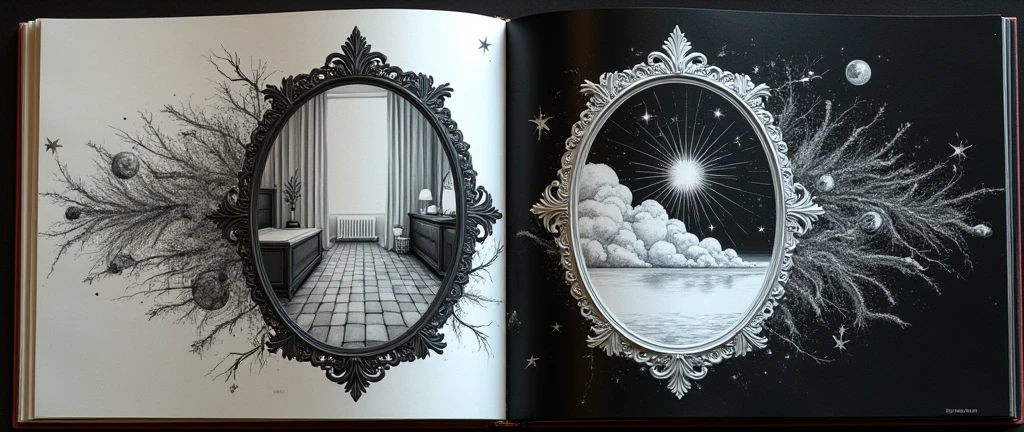 Miroir d’Évasion

Étapes pour Réaliser la Double Page
Positionnement du Miroir :

Dessine un grand miroir ovale ou rectangulaire au centre de la double page, dont la ligne médiane coïncide avec la jonction entre les deux pages.
Le cadre du miroir peut être simple ou décoratif, selon l'ambiance que tu souhaites donner. Tu peux le dessiner en utilisant des motifs floraux, géométriques, ou des lignes épurées.
Page Blanche (Réflexion Réaliste) :

Dans le miroir sur la page blanche, dessine une scène réaliste. Cela pourrait être une chambre, une rue, un paysage naturel, ou tout autre environnement quotidien.
Utilise des crayons de graphite pour dessiner les détails avec précision, en appliquant des ombres légères pour donner du relief et de la profondeur à la scène.
Les objets doivent être nets et clairement définis, reflétant une réalité tangible. Pense à ajouter des détails comme des reflets de lumière sur les surfaces ou des éléments naturels (plantes, meubles, etc.).
Page Noire (Réflexion Fantastique) :

Dans le miroir sur la page noire, dessine une version alternative et fantastique de la même scène. Par exemple, si la page blanche montre une chambre, la page noire pourrait transformer cette chambre en une forêt enchantée, une galaxie, ou un paysage onirique.
Utilise de la peinture blanche ou argentée pour créer des contrastes forts et donner un aspect lumineux à la scène sur le fond noir.
Les éléments fantastiques peuvent inclure des objets flottants, des créatures mythiques, des éléments de lumière (comme des étoiles ou des rayons), ou des formes géométriques abstraites.
Pour ajouter une dimension supplémentaire, tu peux incorporer des collages de papier métallisé ou des touches de peinture fluorescente qui brillent sous la lumière UV.
Détails et Finitions :

Renforce l'effet du miroir en ajoutant des détails au cadre qui pourraient lier les deux pages, comme des fissures lumineuses qui s’étendent sur les deux côtés.
Sur la page noire, tu peux également jouer avec