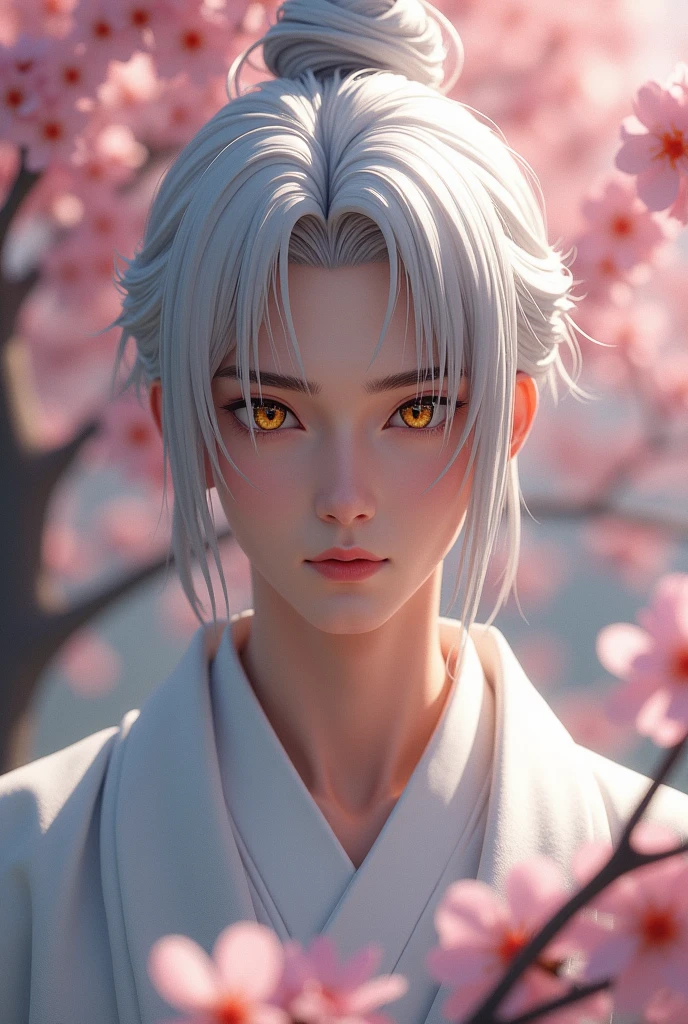 Screenshot Very Hero Academy. Man with straight white hair turning grey, short to the ears. Cold golden eyes with long eyelashes. Pale skin and attractive face. Showed un yukata. Unexpressive man. cherry blossom background.