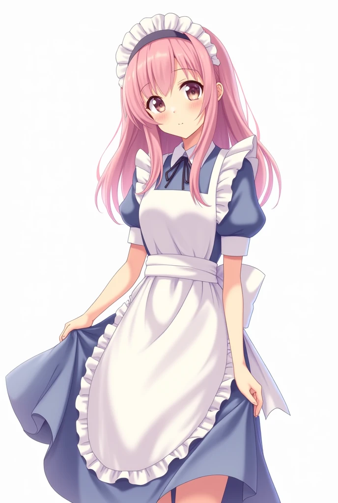 Maid of a maid cafe, with a completely 2D design, anime style with pastel colors on a white background 