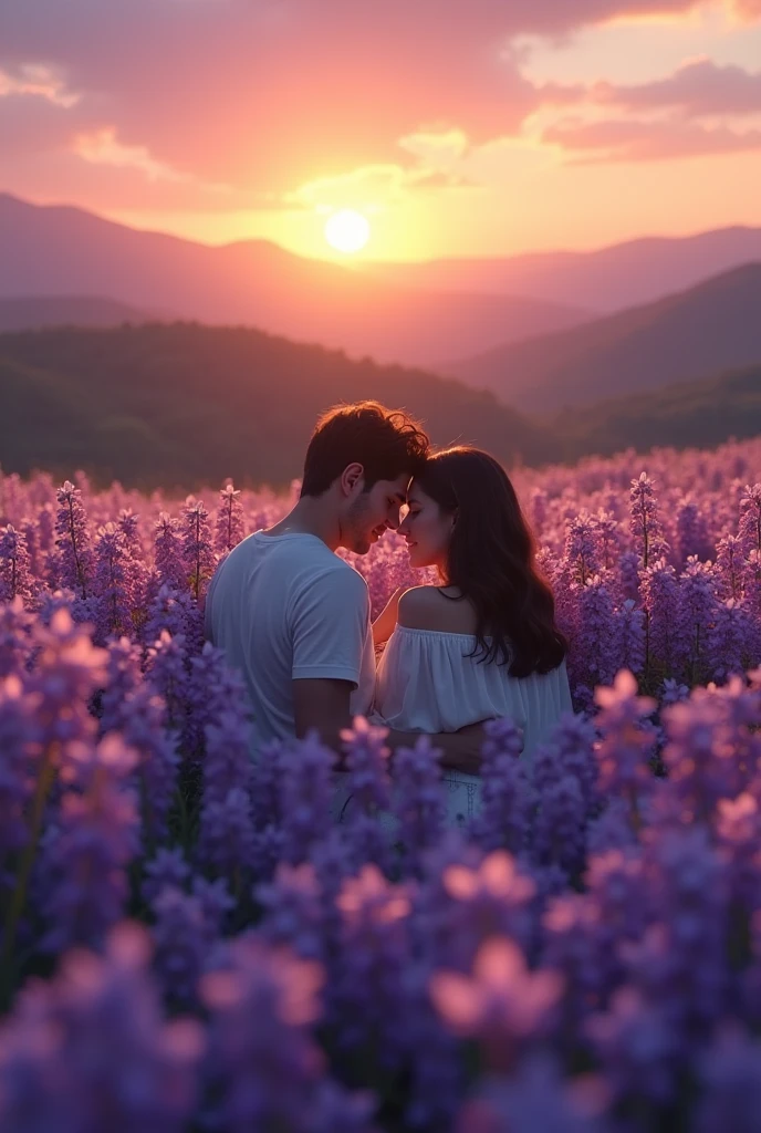 Please create an image of a couple lying together in a field of violets at sunset