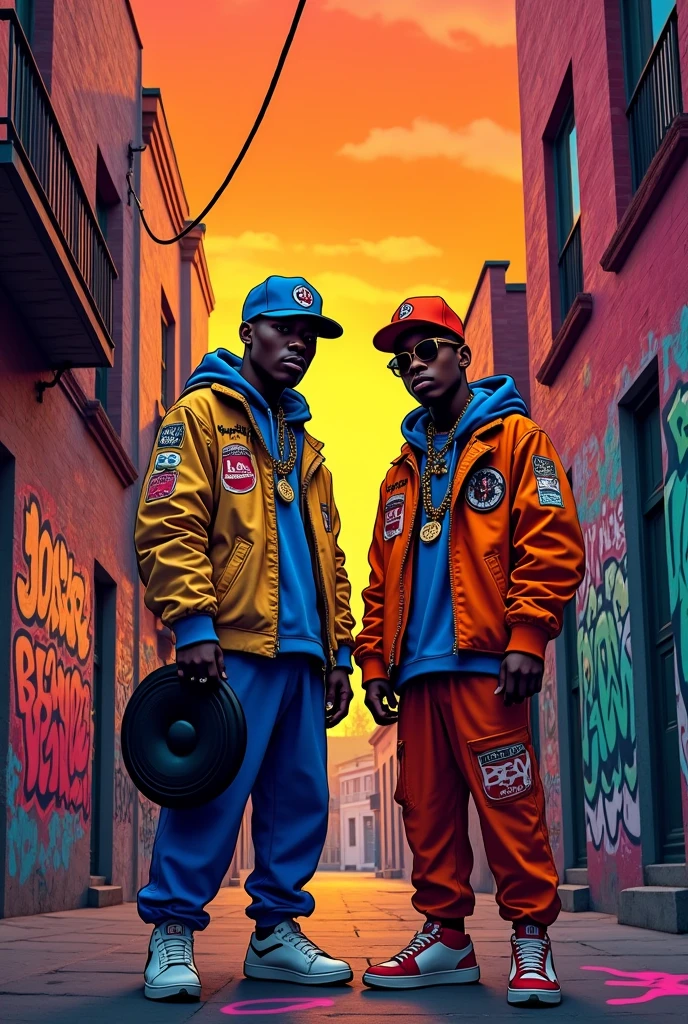 A street with several buildings covered in graffiti and walls, a very orange sky at the end of the afternoon, with a rap style girl holding a speaker and a rap style man holding a microphone , everything very colorful and in graffiti style