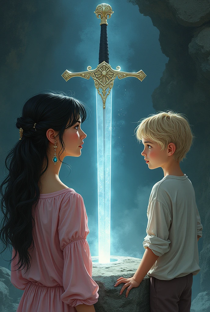 Make a beautiful woman with long black hair and bangs and a pink blouse with her 3-year-old son with blond hair and a little voluminous hair., are looking at a shining sword stuck in a stone.