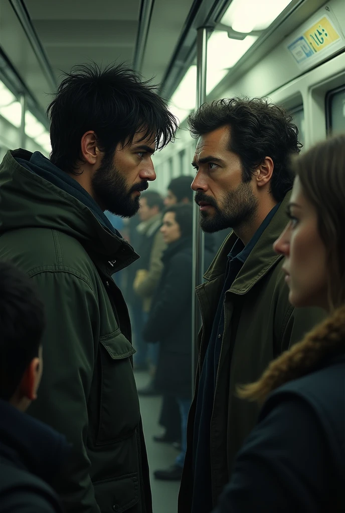 Juan is a tall, thin man., with dark hair . His green eyes are surrounded by dark circles, which reveals his tiredness and hopelessness. He has a beard of several days. and meets a man on the subway