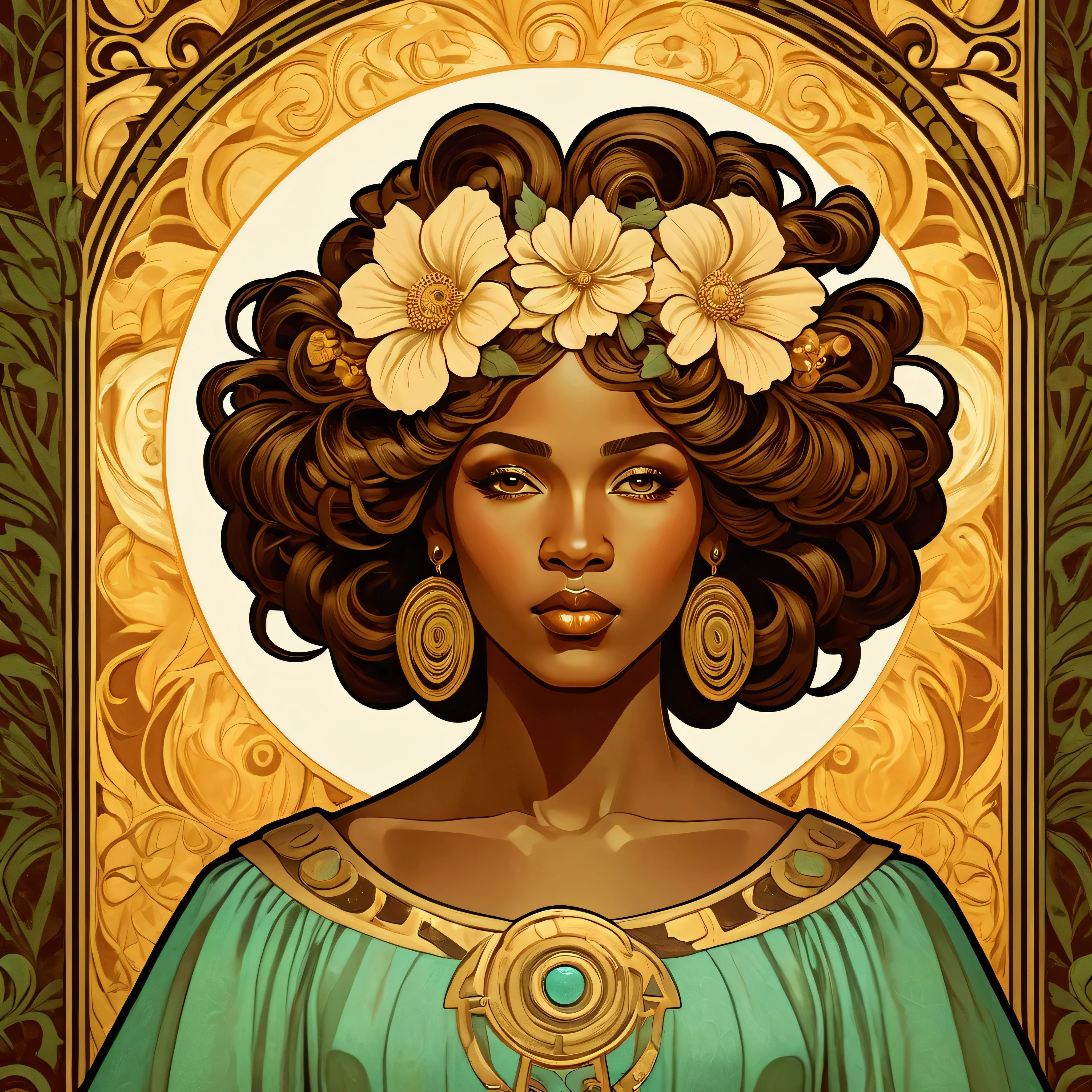 old (Masterpiece, Best Quality, Highres:1.2) Art Nouveau Style Beautiful African Woman with large Hair Shaped as Flowers and large necklaces in the Style of Alphonse Mucha, portrait of a beautiful cute, very beautiful, standing artistically, realistic natural, professional light distribution, very artistic lighting gradation, artistic detail, highly detailed, centered, Nymph-pattern vintage wallpaper with dramatic backlighting casting deep shadows, featuring a meticulously crafted illustration inspired by Dan Mumford and Alphonse Mucha, hyper-realistic and photorealistic textures, extremely detailed with intricate floral and foliage elements, octane rendered in 8K (extremely detailed 8k wallpaper), Golden ratio, hidden ancient African symbols (, Spiral), balanced design, color harmony, Vernis Martin, golden, ancient mythology, artistically twisted edges, reminiscent of old-world craftsmanship with a contemporary edge, volumetric lighting, ultra fine details.