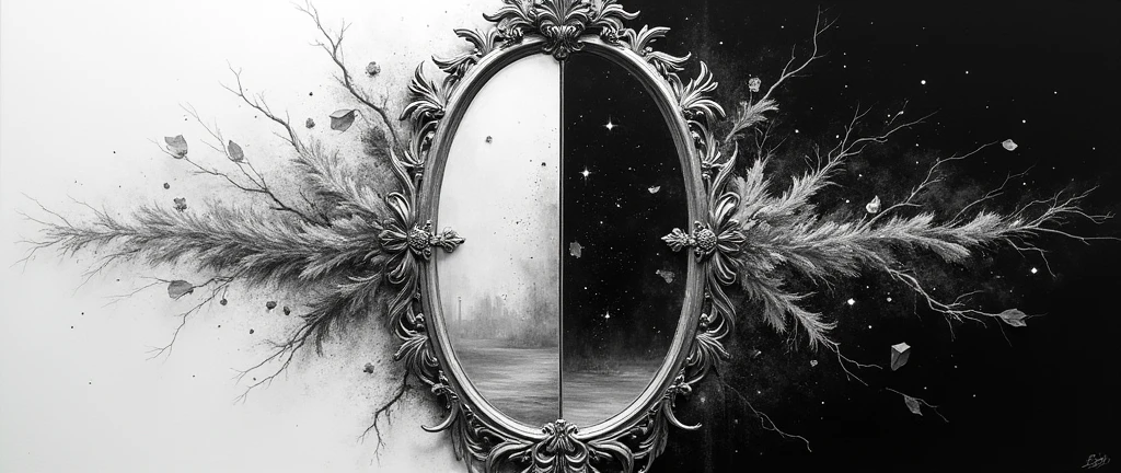 Miroir d’Évasion
Étapes pour Réaliser la Double Page
Positionnement du Miroir :
Dessine un grand miroir ovale ou rectangulaire au centre de la double page, dont la ligne médiane coïncide avec la jonction entre les deux pages.
Le cadre du miroir peut être simple ou décoratif, selon l'ambiance que tu souhaites donner. Tu peux le dessiner en utilisant des motifs floraux, géométriques, ou des lignes épurées.
Page Blanche (Réflexion Réaliste) :
Dans le miroir sur la page blanche, dessine une scène réaliste. Cela pourrait être une chambre, une rue, un paysage naturel, ou tout autre environnement quotidien.
Utilise des crayons de graphite pour dessiner les détails avec précision, en appliquant des ombres légères pour donner du relief et de la profondeur à la scène.
Les objets doivent être nets et clairement définis, reflétant une réalité tangible. Pense à ajouter des détails comme des reflets de lumière sur les surfaces ou des éléments naturels (plantes, meubles, etc.).
Page Noire (Réflexion Fantastique) :
Dans le miroir sur la page noire, dessine une version alternative et fantastique de la même scène. Par exemple, si la page blanche montre une chambre, la page noire pourrait transformer cette chambre en une forêt enchantée, une galaxie, ou un paysage onirique.
Utilise de la peinture blanche ou argentée pour créer des contrastes forts et donner un aspect lumineux à la scène sur le fond noir.
Les éléments fantastiques peuvent inclure des objets flottants, des créatures mythiques, des éléments de lumière (comme des étoiles ou des rayons), ou des formes géométriques abstraites.
Pour ajouter une dimension supplémentaire, tu peux incorporer des collages de papier métallisé ou des touches de peinture fluorescente qui brillent sous la lumière UV.
Détails et Finitions :
Renforce l'effet du miroir en ajoutant des détails au cadre qui pourraient lier les deux pages, comme des fissures lumineuses qui s’étendent sur les deux côtés.
Sur la page noire, tu peux également jouer avec