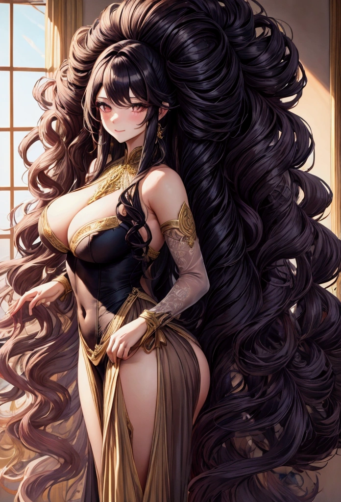 cute girl, super long hair, hair, big hair, thick hair, big breasts, big butt, hourglass body, emphasis on hair, emphasis on eyes, emphasis on face, blush, smile, sexual clothing