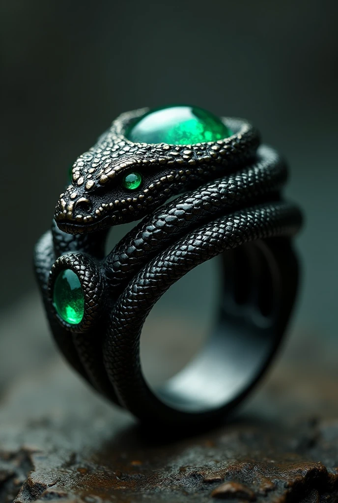 black metal ring with slithering theme, with emeralds and snakes