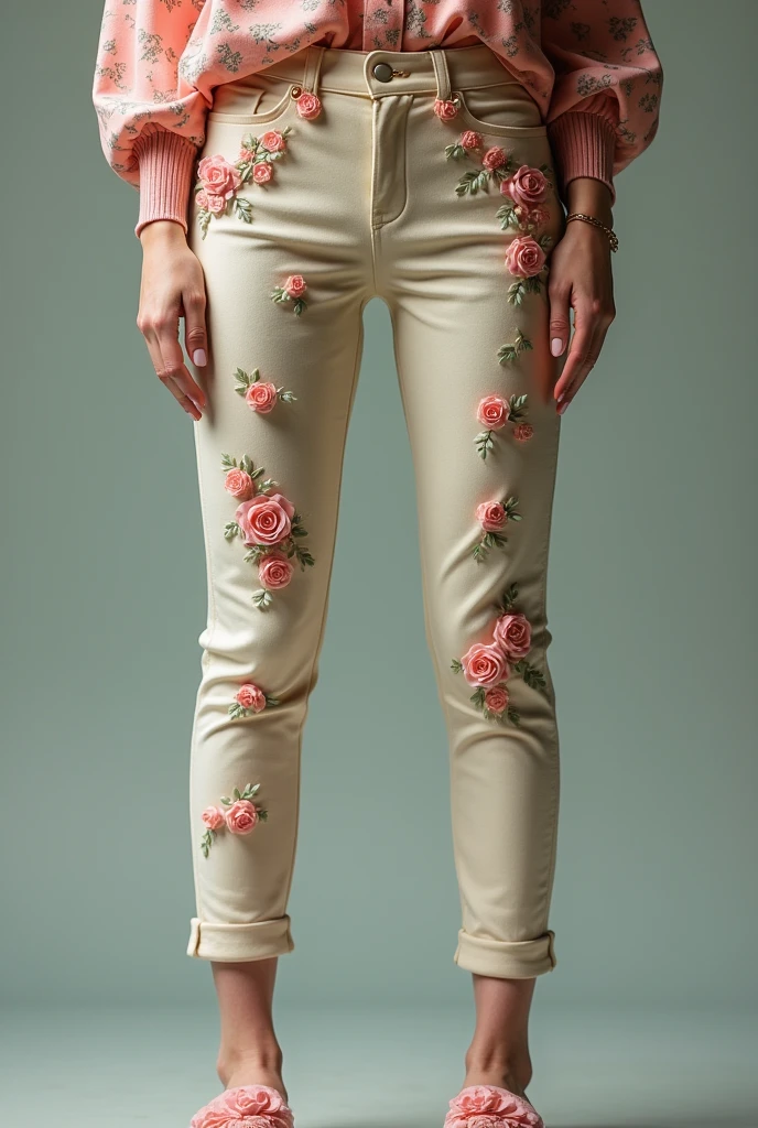 Pants with small 3D roses on the front