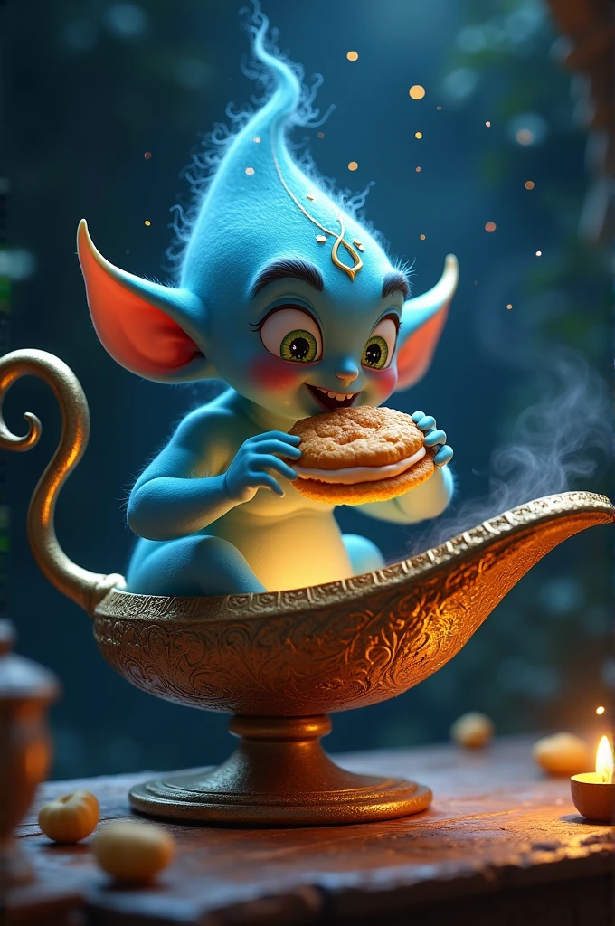 Genie in a lamp eating a pastry