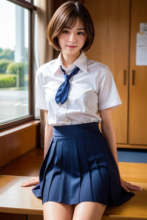 Highest quality, Face Focus, Soft Light, Ultra-high resolution, (Realistic:1.4), RAW Photos, 1 Japan, alone, cute, (A shy smile:0.5), (Brown eyes, Light in your eyes), Beautiful face in every detail, (Small box),(High resolution detail of human skin texture), (Short Bob Hair), break, In the classroom,Navy uniform, Best, skirt