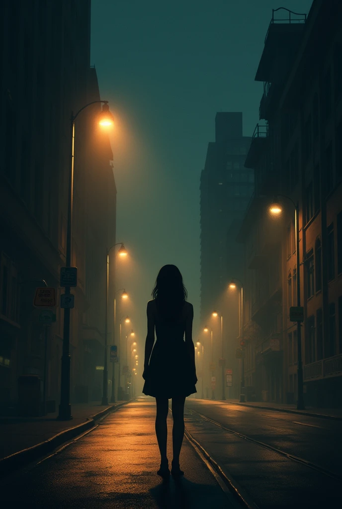 Can you make an album cover for an album called street lights, its set at night, there are street lights on the street and there's a girl under one of the street lights facing her back to the camera from afar, add the name of the album on the picture too