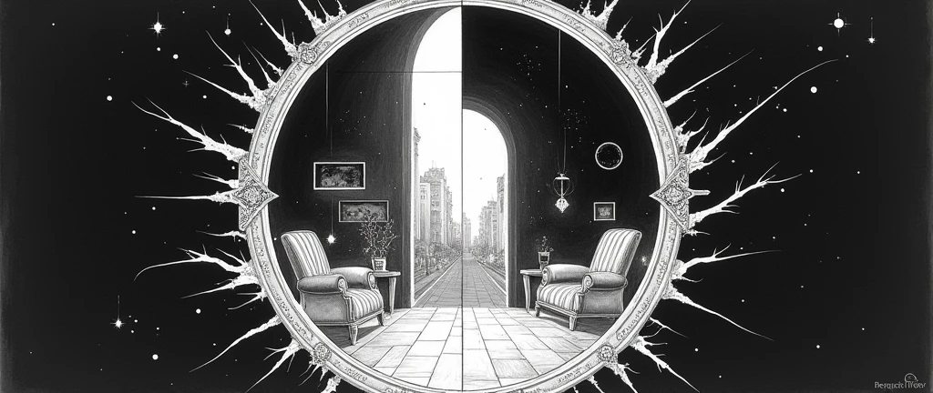Miroir d’Évasion
Étapes pour Réaliser la Double Page
Positionnement du Miroir :
Dessine un grand miroir ovale ou rectangulaire au centre de la double page, dont la ligne médiane coïncide avec la jonction entre les deux pages.
Le cadre du miroir peut être simple ou décoratif, selon l'ambiance que tu souhaites donner. Tu peux le dessiner en utilisant des motifs floraux, géométriques, ou des lignes épurées.
Page Blanche (Réflexion Réaliste) :
Dans le miroir sur la page blanche, dessine une scène réaliste. Cela pourrait être une chambre, une rue, un paysage naturel, ou tout autre environnement quotidien.
Utilise des crayons de graphite pour dessiner les détails avec précision, en appliquant des ombres légères pour donner du relief et de la profondeur à la scène.
Les objets doivent être nets et clairement définis, reflétant une réalité tangible. Pense à ajouter des détails comme des reflets de lumière sur les surfaces ou des éléments naturels (plantes, meubles, etc.).
Page Noire (Réflexion Fantastique) :
Dans le miroir sur la page noire, dessine une version alternative et fantastique de la même scène. Par exemple, si la page blanche montre une chambre, la page noire pourrait transformer cette chambre en une forêt enchantée, une galaxie, ou un paysage onirique.
Utilise de la peinture blanche ou argentée pour créer des contrastes forts et donner un aspect lumineux à la scène sur le fond noir.
Les éléments fantastiques peuvent inclure des objets flottants, des créatures mythiques, des éléments de lumière (comme des étoiles ou des rayons), ou des formes géométriques abstraites.
Pour ajouter une dimension supplémentaire, tu peux incorporer des collages de papier métallisé ou des touches de peinture fluorescente qui brillent sous la lumière UV.
Détails et Finitions :
Renforce l'effet du miroir en ajoutant des détails au cadre qui pourraient lier les deux pages, comme des fissures lumineuses qui s’étendent sur les deux côtés.
Sur la page noire, tu peux également jouer avec