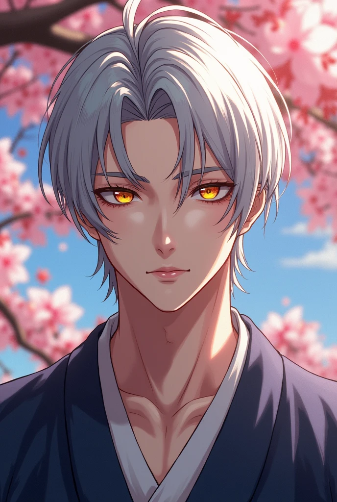 Screenshot Very Hero Academy. Man with straight white hair turning grey, short to the ears. Cold golden eyes with long eyelashes. Pale skin and attractive face. Showed un yukata. A rather masculine, inexpressive man despite his handsome face.. cherry blossom background.