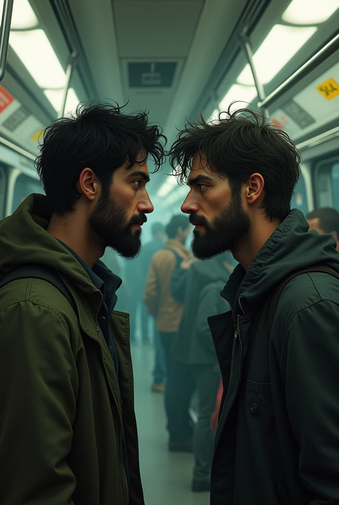 Juan is a tall, thin man., with dark hair . His green eyes are surrounded by dark circles, which reveals his tiredness and hopelessness. He has a beard of several days. and meets a man on the subway and they start talking