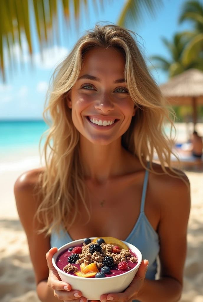 
Woman aged 25 to 35, On the beach blonde hair brown eyes eating acai , with friends Ultra HD, high qualiy, best qualityer, high resolution, 8k, 16K