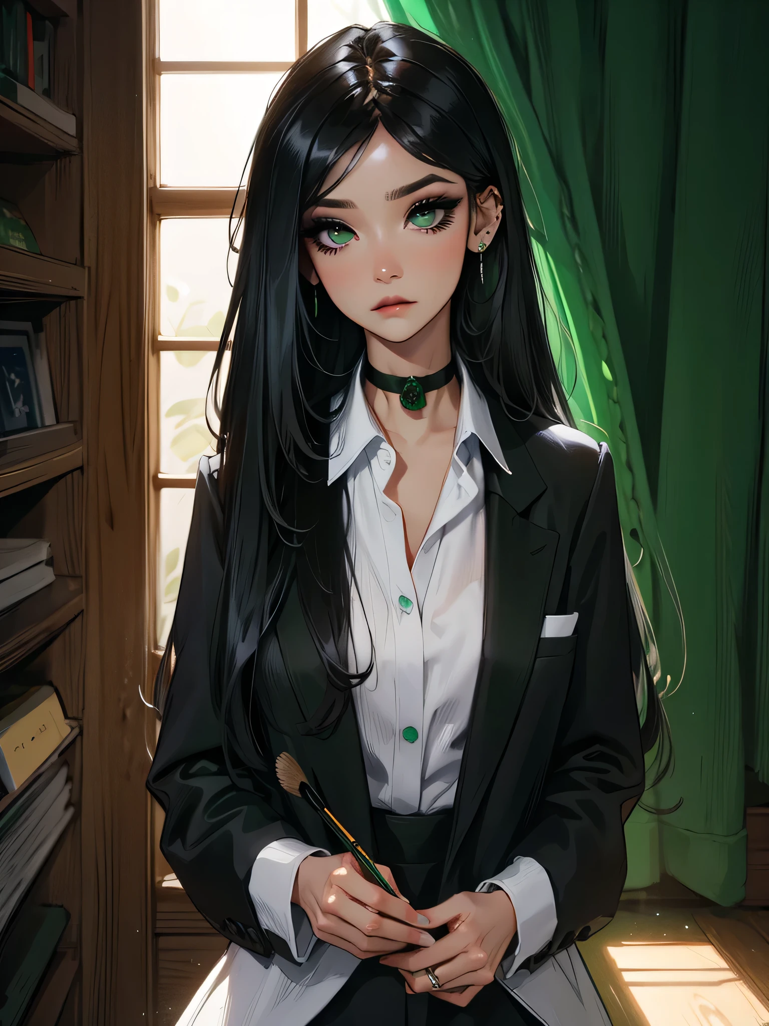 emo_hairstyle, ((tight black suit)), (black lace blazer), black tie, ((long hair)), ((straight hair)), (((black hair))), side swept bangs, white skin, pale, white, (green eye), tired expression, choker, ((dark makeup, mascara, eyeshadow)), multiple piercings, best quality, 8k, dark laboratory, dim lighting, white shirt, erotic, slytherin, flashing, opening shirt
