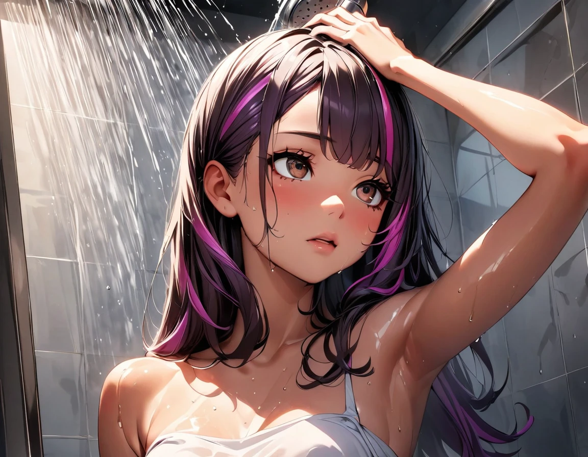 (highest quality:1.2, Very detailed, up to date, Vibrant, Ultra-high resolution, High Contrast, masterpiece:1.2, highest quality, Best aesthetics), Portraiture、girl, solo, (25-years-old:1), Bright colors、Beautiful fine details、Beautiful lip detail, long hair、black and purple ((streaked hair:1.6)), highlights hair: 1.5, brown eyes, ((slim body:1.4)), (small breast:0.7), (dark skin:0.3), (She is taking a shower from her head:1), shower head diagonally above her face, hand on own head, (the shower is falling on her face:1), in bright shower room, (looking up:0.9),