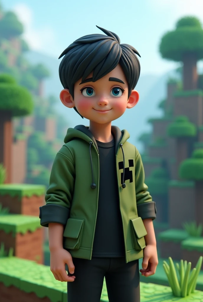 Make a minecraft style boy with black hair and blue eyes with a black shirt and a Creeper jacket and black pants  