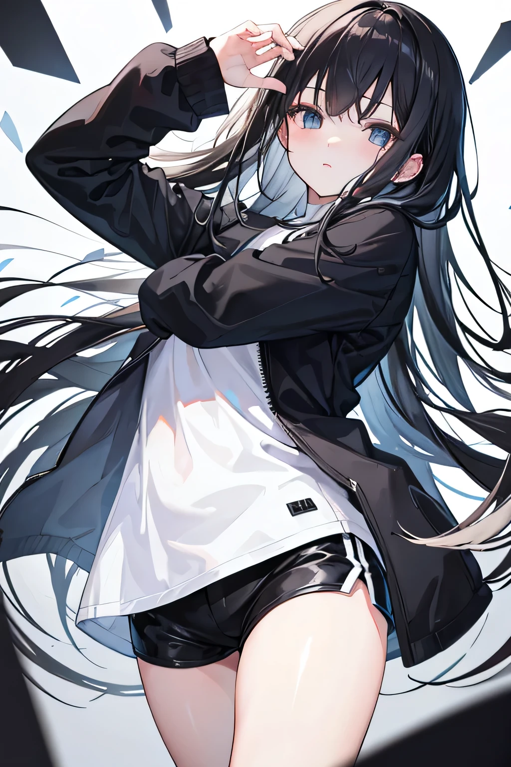 Long Black hair, white shirt, black shorts, black jacket