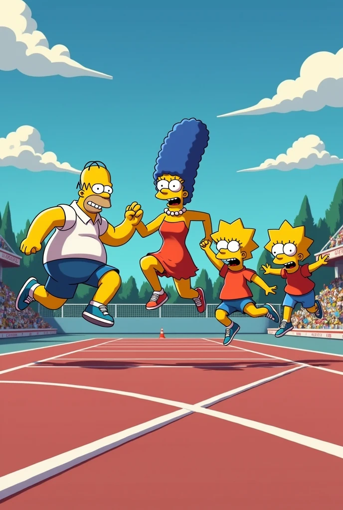 Create several images of the Simpsons characters performing the different types of athletics on an athletics track. Performing triple jump