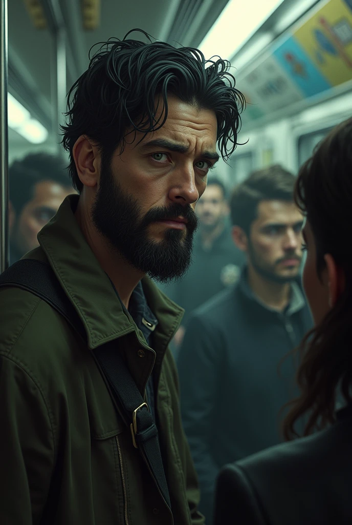 Juan is a tall, thin man., with dark hair . His green eyes are surrounded by dark circles, which reveals his tiredness and hopelessness. He has a beard of several days. and meets a man on the subway and is surprised