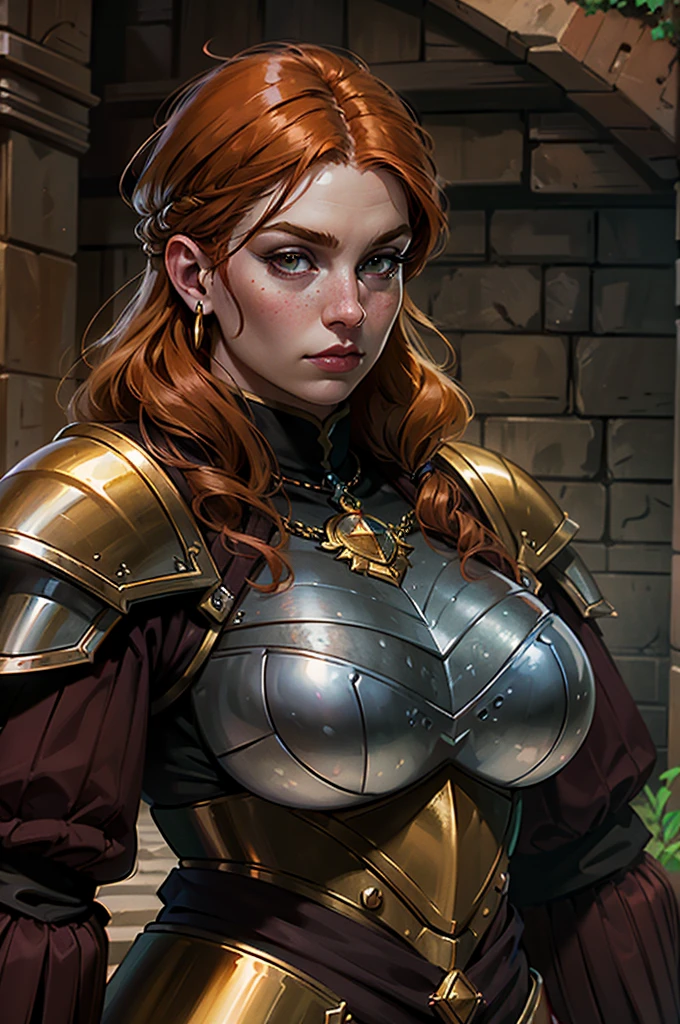 Close up of Dwarven woman, orange hair, maroon armor with gold trim, heavy armor, maroon armor, maroon breast plate. chubby cheeks, green eyes, freckles on cheeks, (freckles on top of breasts), freckles on legs, underground, large cavern, carved stone walls, underground waterfall, underground, interior. Show her exploring in a dungeon, determined look.super high quality, super high detail, masterpiece, 4k, 8k, HDR, masters of the universe, vibrant colors, dark shadows, dim lighting, 3DMM
