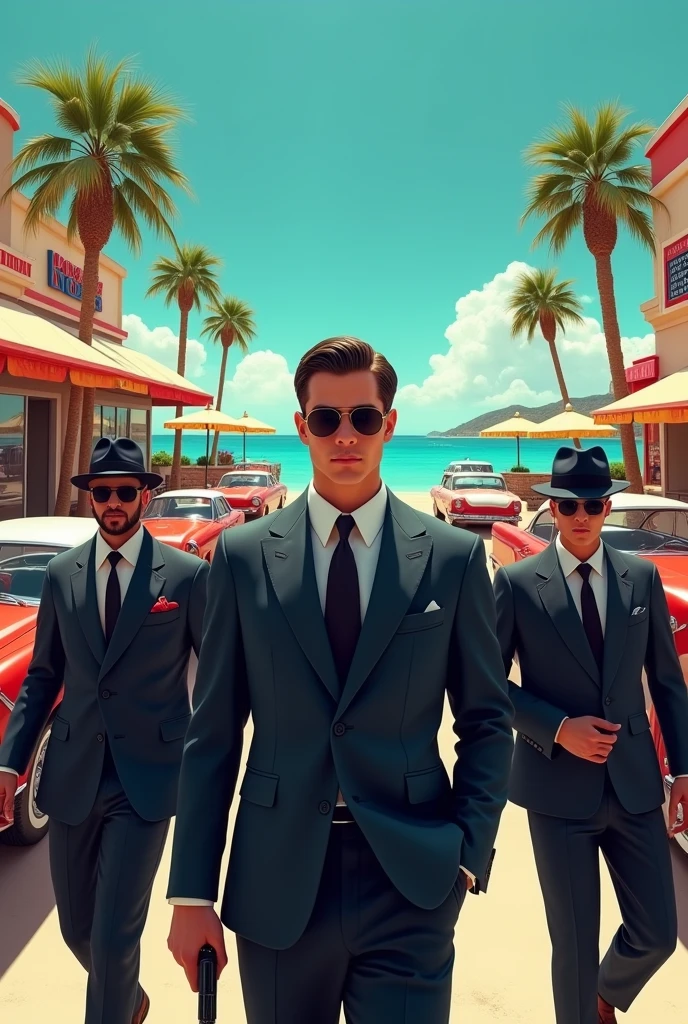 Young mafia boss at the sea with company and security personnel all in the style of the 50s