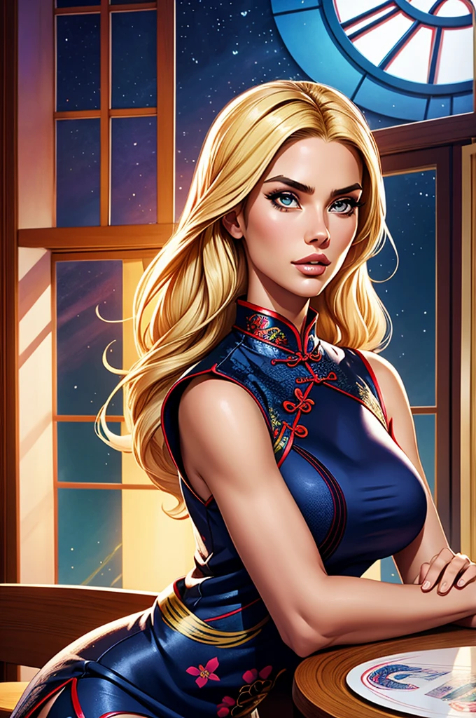 Illustration design, delicate characters, windows, tables, blonde hair, big eyes, long cheongsam,  [[Sara Sampaio]], [[[[Alessandra Ambrosio]]]],[[[[Kate Beckinsale]]]]