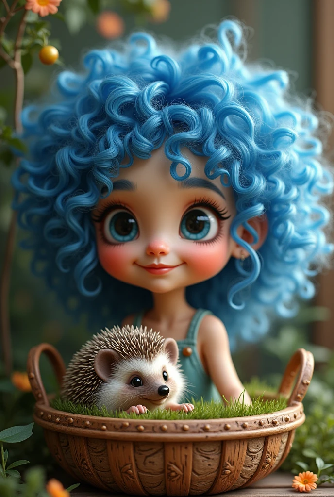 Blue curly haired girl with smiling lips
On one side, there is a magical wooden basket with a hedgehog inside