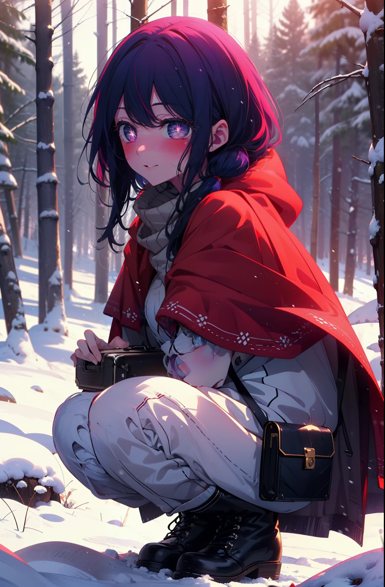 aihoshino, Ai Hoshino, Long Hair, bangs, (Purple eyes:1.1), Purple Hair, (Symbol-shaped pupil:1.5), smile,,smile,blush,white breath,
Open your mouth,snow,Ground bonfire, Outdoor, boots, snowing, From the side, wood, suitcase, Cape, Blurred, , forest, White handbag, nature, Squat, Mouth closed, Cape, winter, Written boundary depth, Black shoes, red Cape break looking at viewer, Upper Body, whole body, break Outdoor, forest, nature, break (masterpiece:1.2), Highest quality, High resolution, unity 8k wallpaper, (shape:0.8), (Beautiful and beautiful eyes:1.6), Highly detailed face, Perfect lighting, Extremely detailed CG, (Perfect hands, Perfect Anatomy),