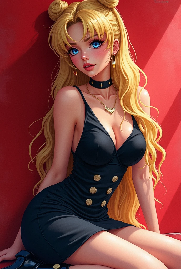 4K Portrait, watercolor, Sailor Moon, blonde long wavy hair and blue eyes, black dress, shoulder, arm, Punk style fashion, Punk style booties, exquisite image. sitting, Red background, Lights and shadows.