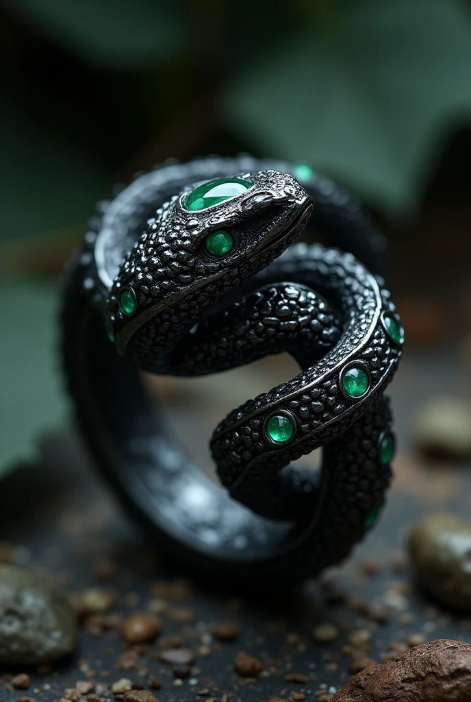 black metal ring with slithering theme, with emeralds and finely crafted details 