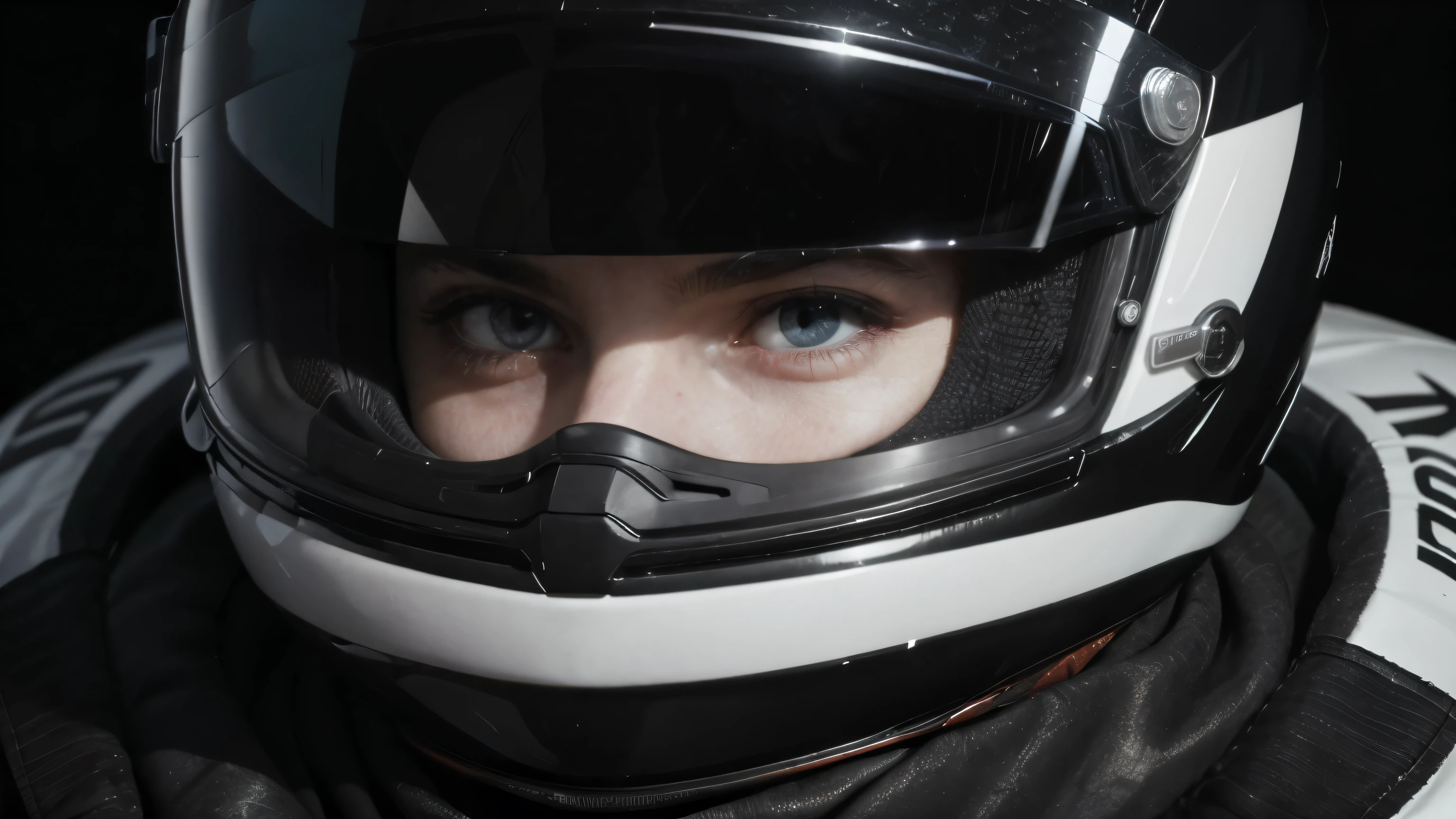 man wearing a racing helmet, black backdrop, racing driver, close no rosto, looking at the camera
