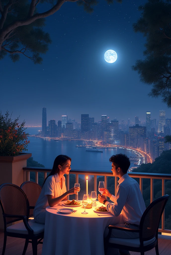 Candlelit dinner for two under the moonlight overlooking the city, withouth People