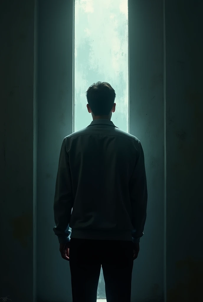 A man is standing with his back to the wall, a glass is placed between the man and the wall, a light source is shining from the front towards the man.