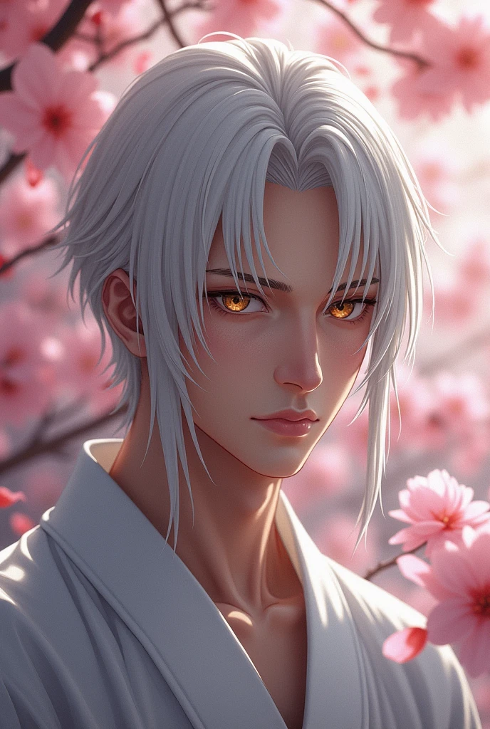 Screenshot Very Hero Academy. Man with straight white hair turning grey, short to the ears. Cold golden eyes with long white eyelashes. Pale skin and attractive face. Showed un yukata. A rather masculine, inexpressive man despite his handsome face.. cherry blossom background.