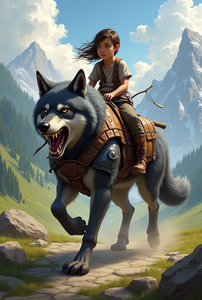 9 girl, dressed in a shirt, trousers and leather boots, riding a warg in armor, medieval style