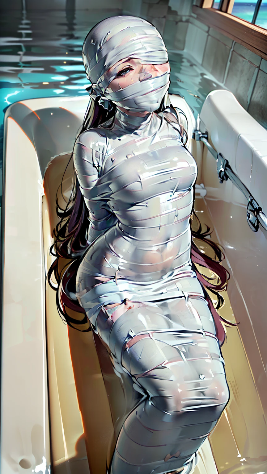 mummification, blindfold, tape gagged, (one girl:1.4), (bathroom:1.4), (full bathtub with water:1.4), (Highly detailed CG Unity 8k), (highest quality), (Very detailed), (Ultra-high resolution), (Hands tied behind back), (Wrap the heads around with white duct tape:1.4), (Wrap the eyes around with white duct tape:1.4), (Wrap the mouth around with white duct tape:1.4), (blindfold around with white duct tape:1.4), (Wrap the face around with white duct tape:1.4), (From head to toe, wrap them in white duct tape to make a mummification:1.4), (Body is completely under water:1.4), 