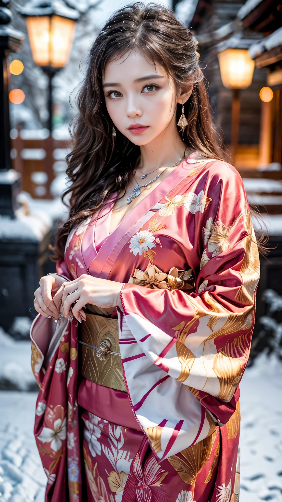 (RAW shooting, Photoreal:1.5, 8K, highest quality, masterpiece, ultra high resolution), ((((heavy snow, Blizzard)))), Highly detailed skin and facial textures:1.3, perfect dynamic composition:1.2, (In front of a shrine at night in a modern city, expression of sadness:1.0, Tears are flowing:1.0, cry with a broken heart:1.0), Slim office lady wet in the rain:1.3, cowboy shot, Fair skin:1.2, sexy beauty:1.1, perfect style:1.2, beautiful and aesthetic:1.1, very beautiful face:1.2, water droplets on the skin, (rain drips all over my body:1.2, wet body:1.2, wet hair:1.3), (Professional kimono dressing:1.1, Holding a bouquet of wet lilies:1.2, Wearing a wet pink kimono correctly:1.3), (Medium chest, Bra see-through, Chest gap),  (Eyes that feel beautiful eros:0.9, Too erotic:0.9, Bewitching:0.9), necklace, earrings, bracelet, wedding ring, Highly detailed hand and finger expressions