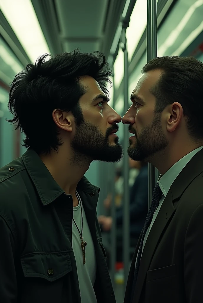 Juan is a tall, thin man., with dark hair . His green eyes are surrounded by dark circles, which reveals his tiredness and hopelessness. He has a beard of several days. and meets a man on the subway and is shocked and cries