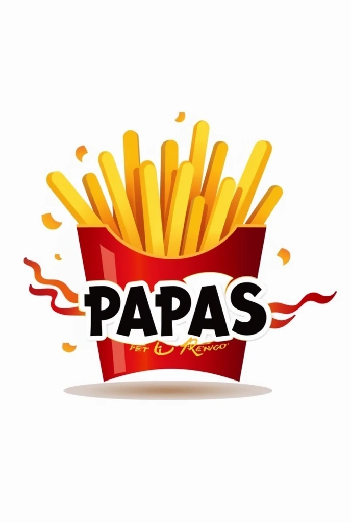 Logo for a French fries food place, The logo must have French fries running on the letter O and the text must say PAPAS NOW RENGO which is the name of the establishment, must have red colors, black and yellow with white background