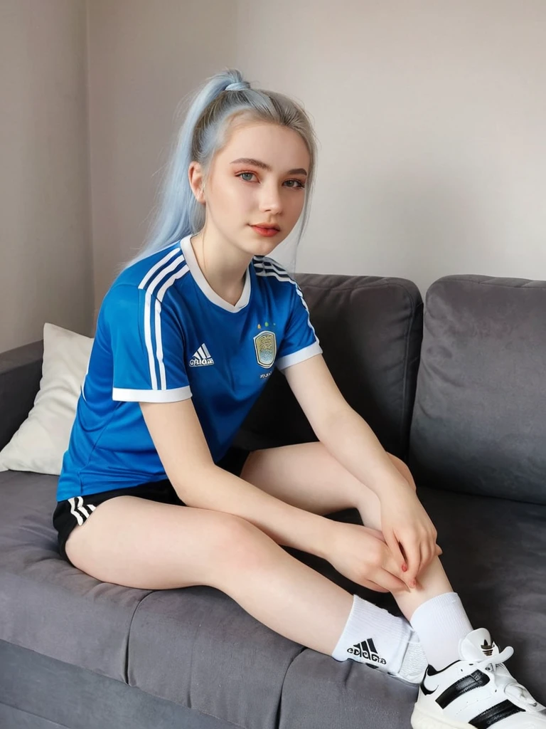 (Masterpiece) (High Detail) (High Res) A short skinny humanoid girl with pale human skin and blue eyes and long blue hair and blue dog ears and a big fluffy dog tail and small average breasts with small nipples. British face. She is smiling and is dressed in a baggy oversized soccer jersey and nothing else. Sitting on a bed.