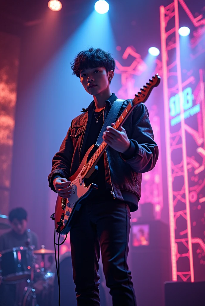 "a young man in Korean fashion playing jazz guitar on stage, neon lights, digital art"