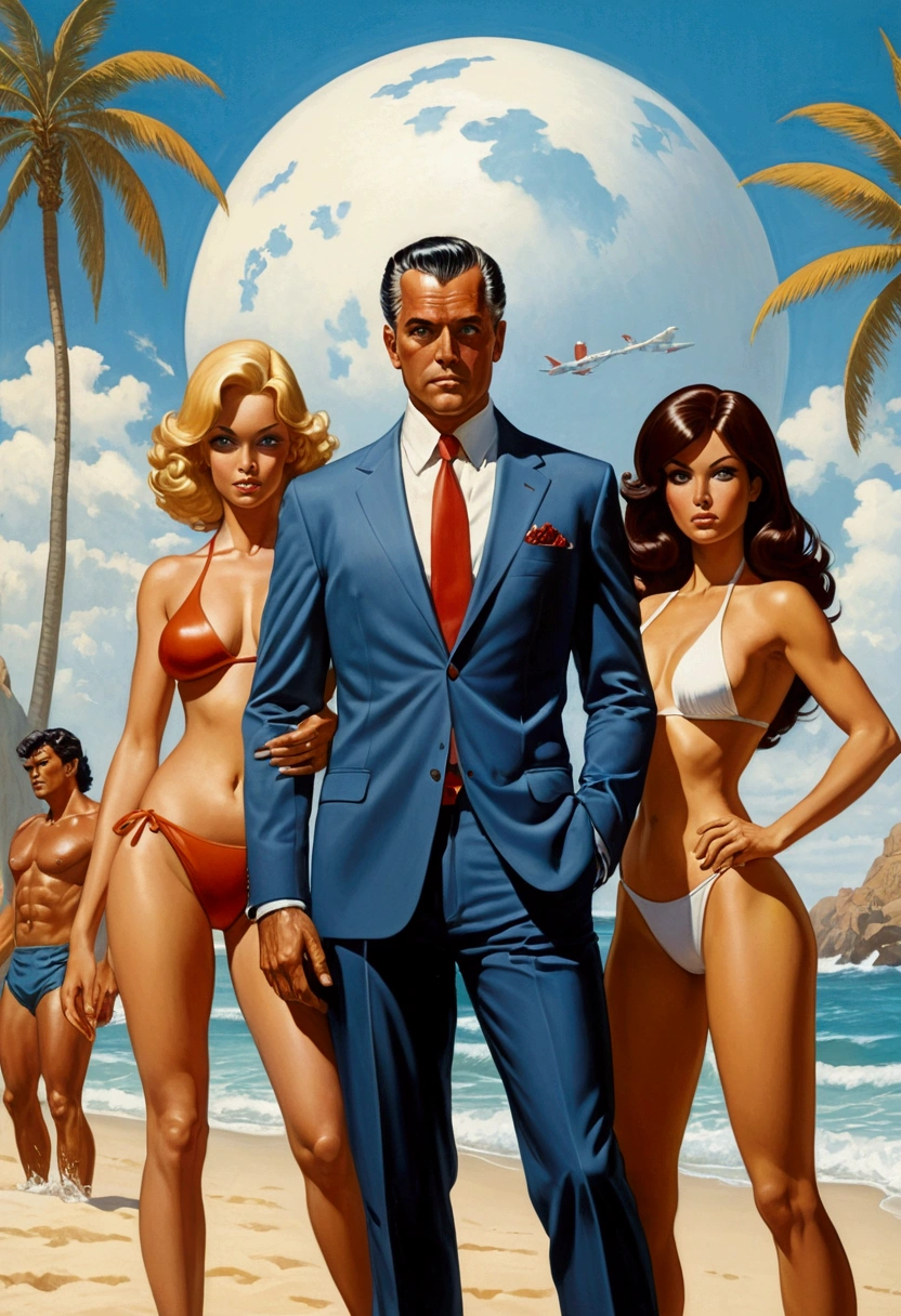 women in bikinis and a man in a suit, by Randy Vargas, by Art Fitzpatrick, ( art fitzpatrick ), Boris Vallejo and Ilya Kuvshinov, zenoscope, art in alejandro burdiso style, by Arturo Rivera, by Roy Dalgarno, inspired by Tim and Greg Hildebrandt, by Rob Alexander, by Rodolfo Morales