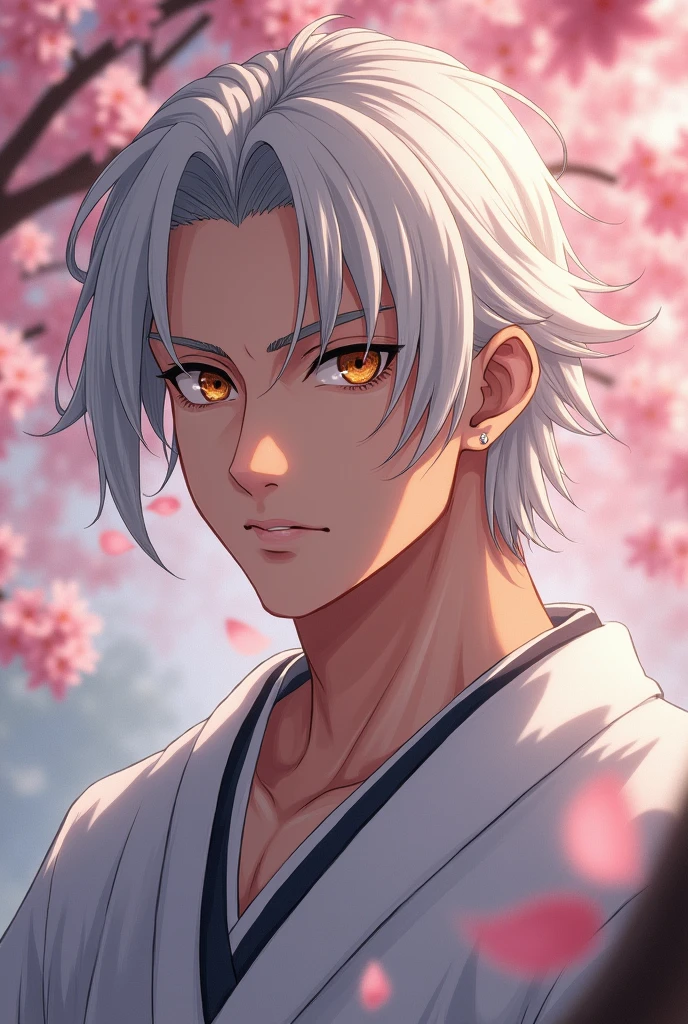 Screenshot Very Hero Academy. Man with straight white hair turning grey, short to the ears. Cold golden eyes with long white eyelashes. Pale skin y rostro atractivo. Showed un yukata. A rather masculine, inexpressive man despite his handsome face.. cherry blossom background. Pale skin.