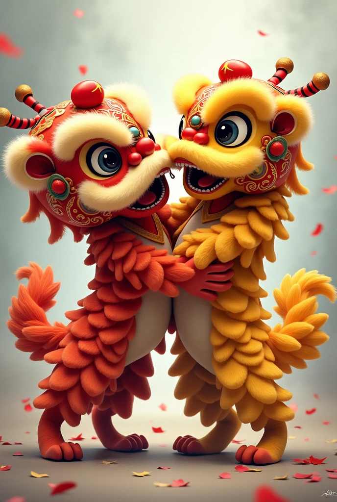 2 lion dances，A lion dance rides on the buttocks of another lion dance and pokes it with its genitals，The lion being ridden shows a happy and enjoyable expression