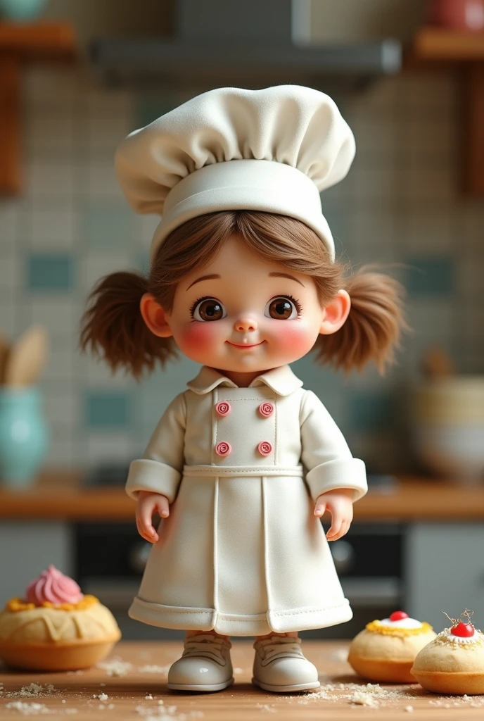 A cute little girl wearing a chef's hat and a chef's uniform