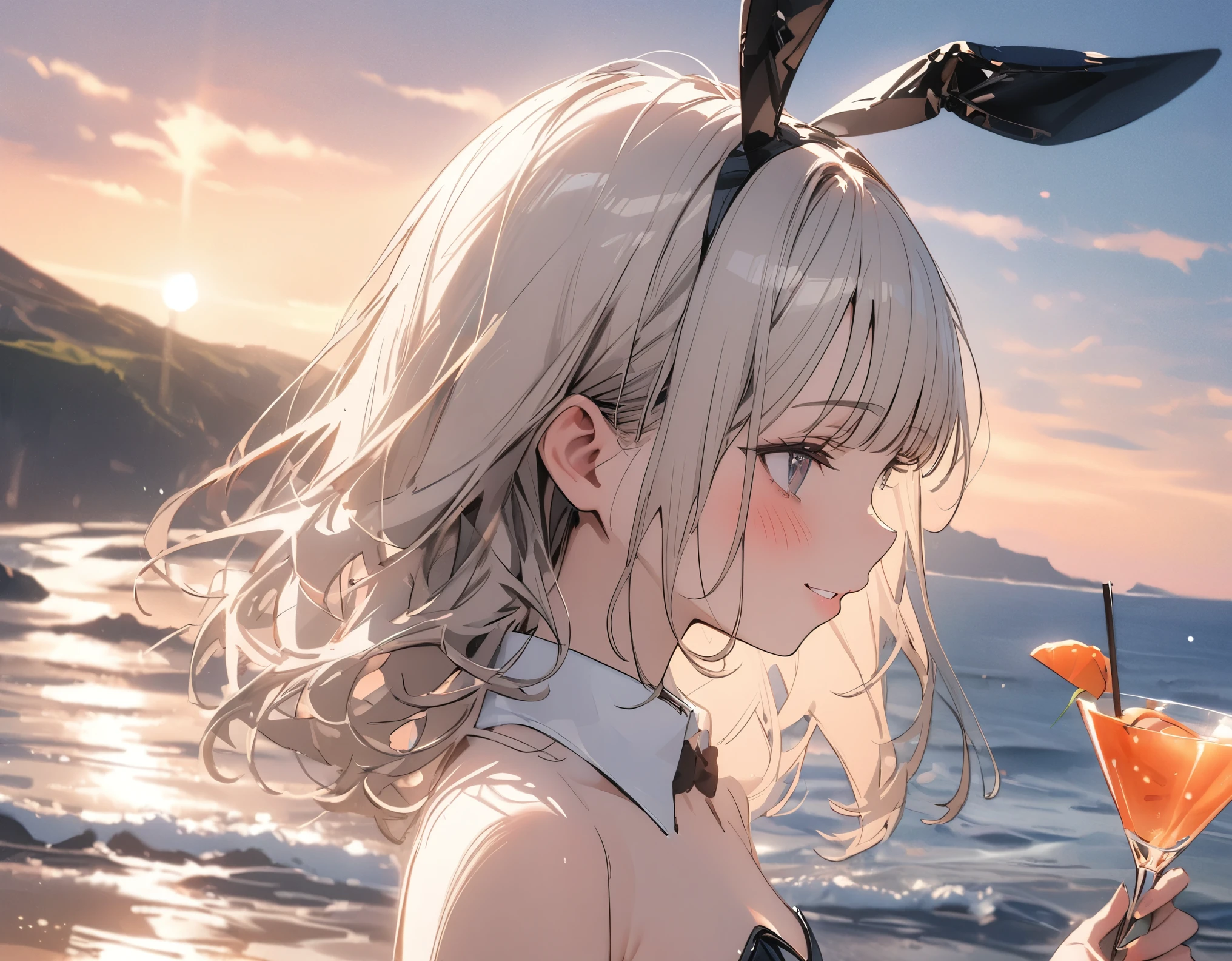 ((Masterpiece)), ((best quality)), (sketch), ((profile)), ((wide shot)), (super detail:1.2), (High Definition:1.3), ((extremely detailed)), (8K), (Professional Photography:1.2), (very aesthetic:1.2), (absurdres:1.2), perfect anatomy, intricate details, (sharp focus), (perfect light), (drop shadow), ((1girl)), ((cute age girl)), (platinum-gold hair), (loose blunt bangs), (medium hair), (naughty smile and blush), (Glossy lips), upper body, (put on bunny ears), ((wearing Playboy_bunny)), small breast, cute hips, BREAK, Cocktail glass in hand, sunset, (cute cheeks), glossy lips, pouty lips, bags under the eyes, (lower eyelashes), View of the Gentle hills near the sea, (detailed background:1.2), newest,clear line,