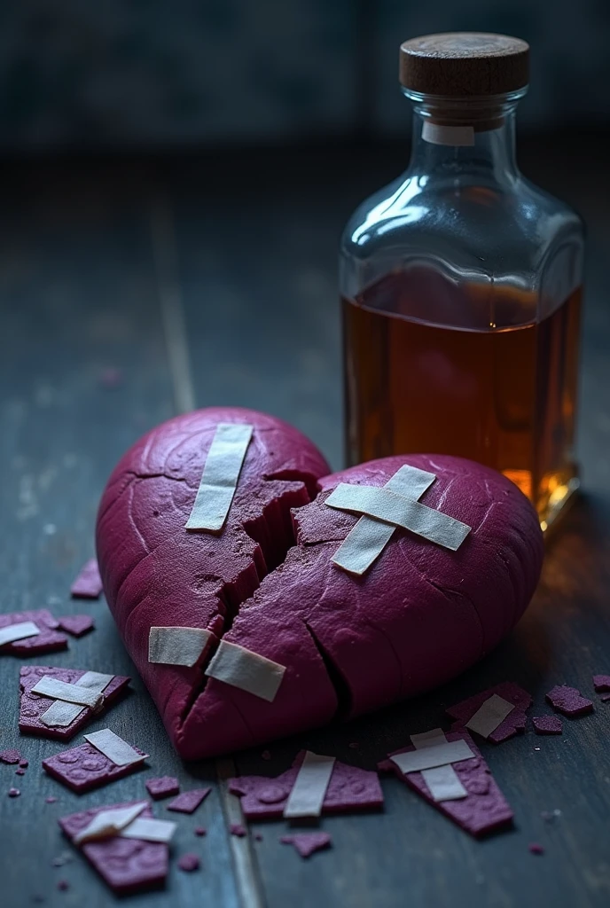 Description of a Fragmented Heart on the Ground, with a few tears on it and some band-aids holding each fragment together, a bottle of whiskey at his side. Let the heart turn purple representing nostalgia.
