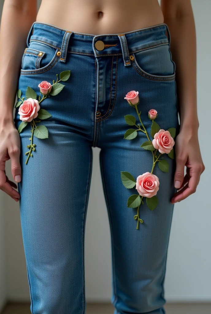Jeans pants on the front with small 3d roses skiny